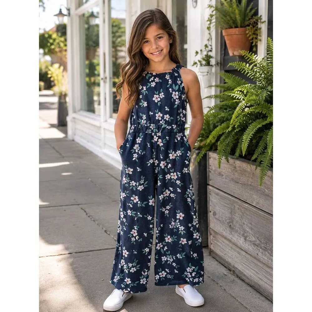 Girls Navy Blue Floral Jumpsuit pull on size 14 Spring School Fall